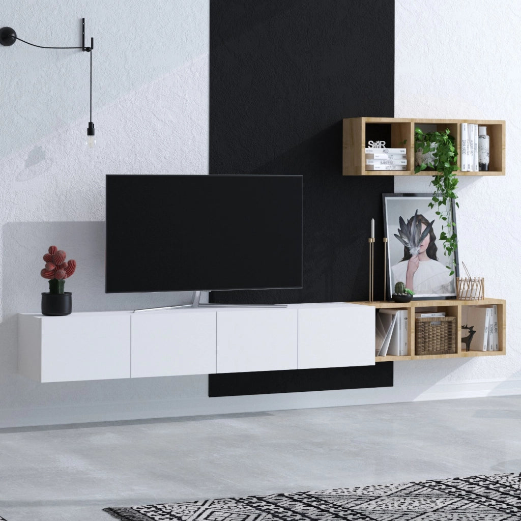 Mobile TV sospeso "Pia" con ripiano in legno - 215 x 32 x 25 cm - Bianco