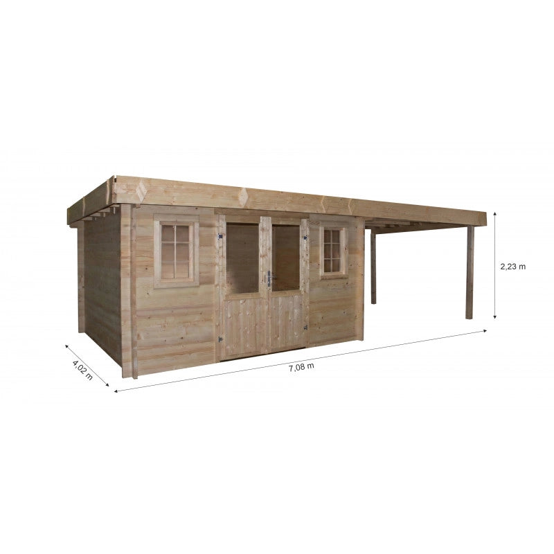 Casetta con legnaia 374x674 cm – Abete 42 mm – Tetto acciaio piano – Porta vetrata e finestra – BRE4040.02B Foresta