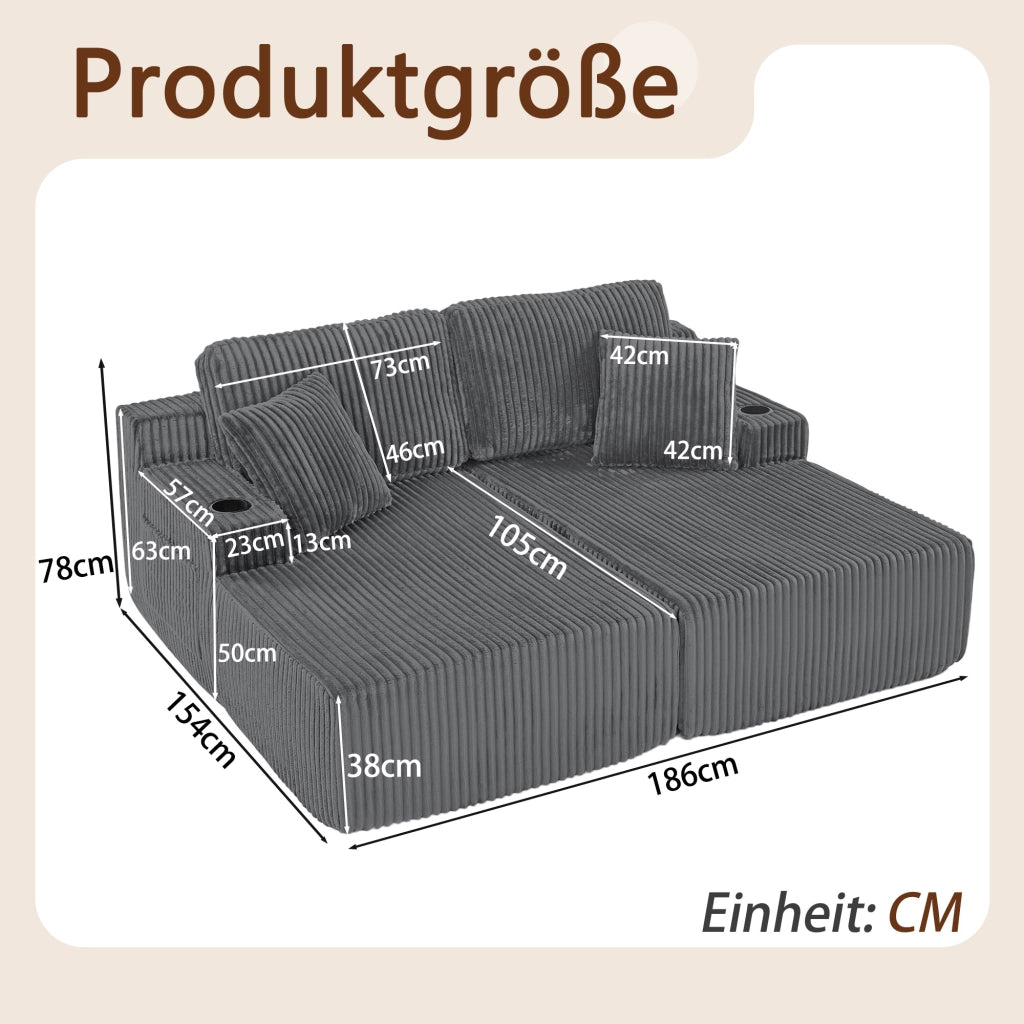 Divano Letto 2 Posti Relax ¨C MINIMAL ¨C Grigio, Velluto a Coste, con Cuscini