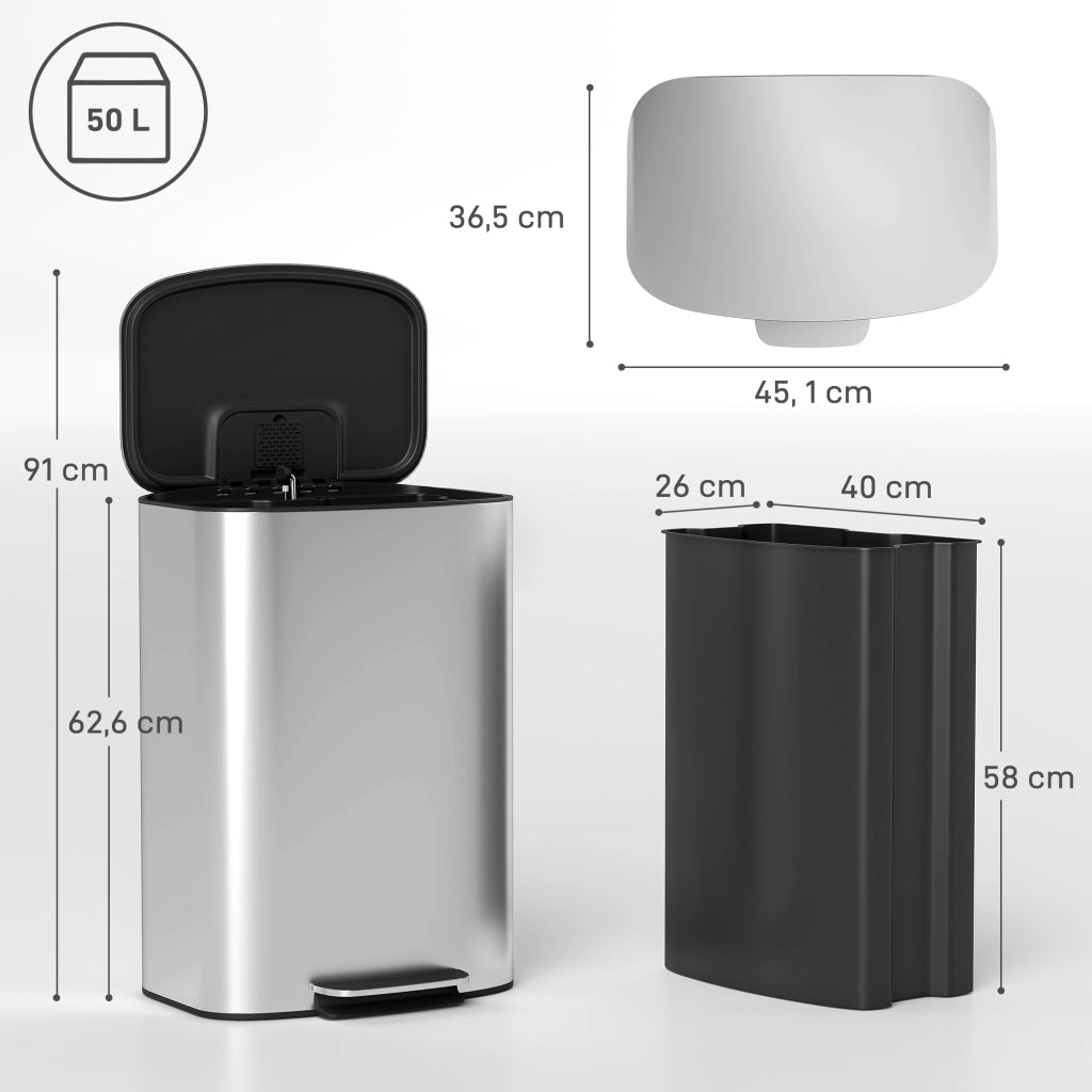 Cestino per la cucina a pedale 50 litri ¨C Zephmum ¨C grigio 45.1x36.5x62.6 cm