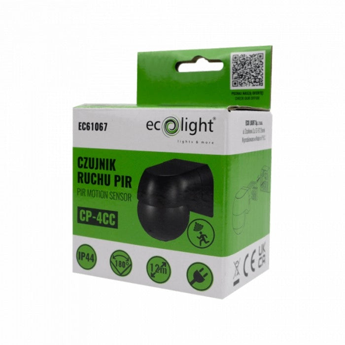 Sensore di movimento PIR esterno nero IP44 12m Ecolight