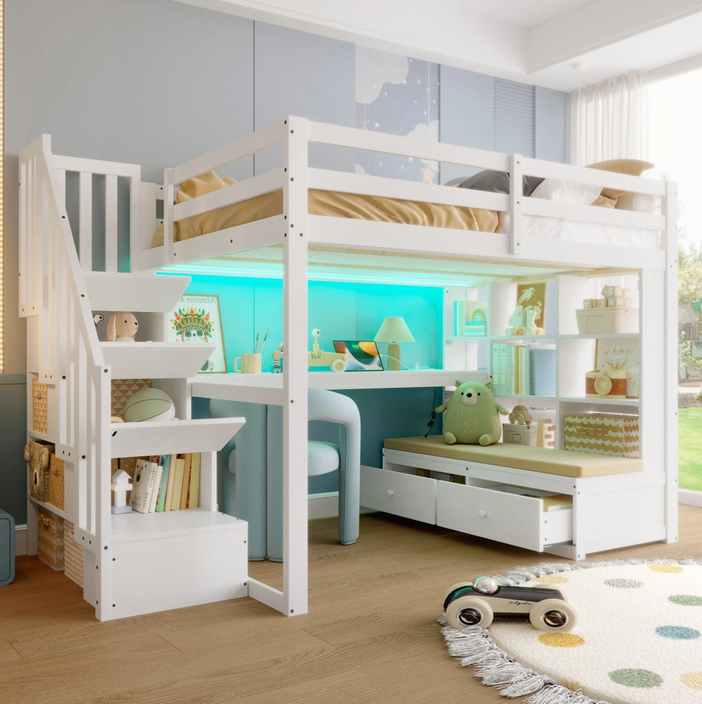 Letto a castello 140x200 cm con scrivania; scaffali; cassetti e scale contenitore; bianco