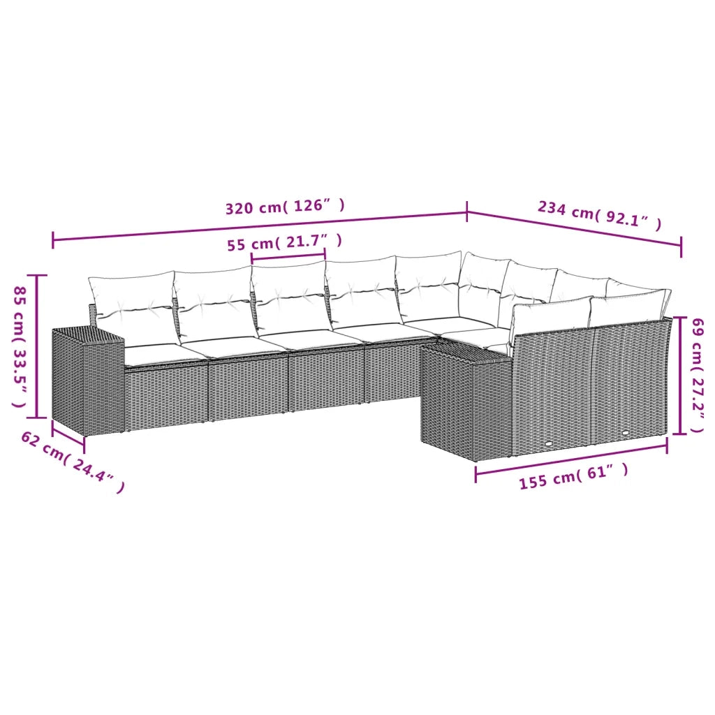 Set Divani da Giardino 9 pz con Cuscini Nero in Polyrattan 3223034