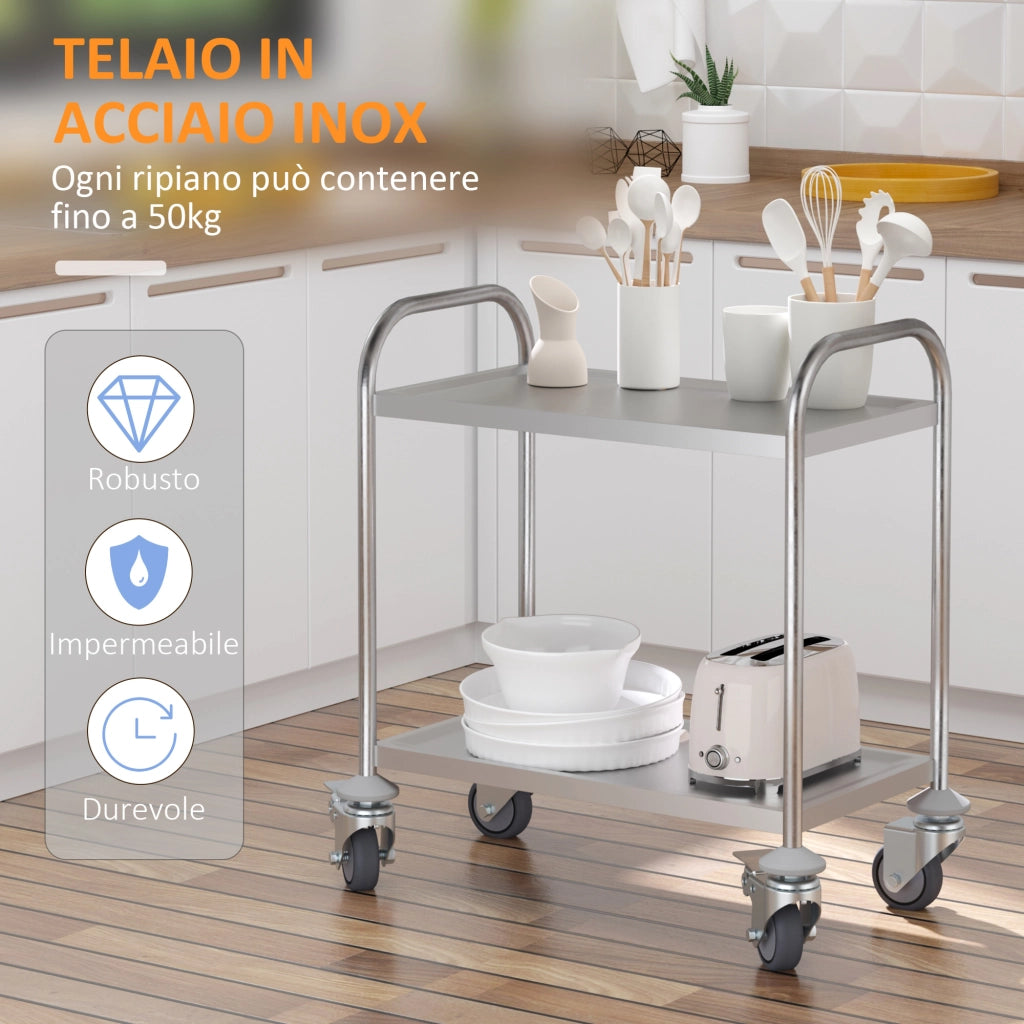 Carrello Cucina 2 Ripiani con Ruote ¨C Xylo ¨C Acciaio Inox 80x45x82cm Argento