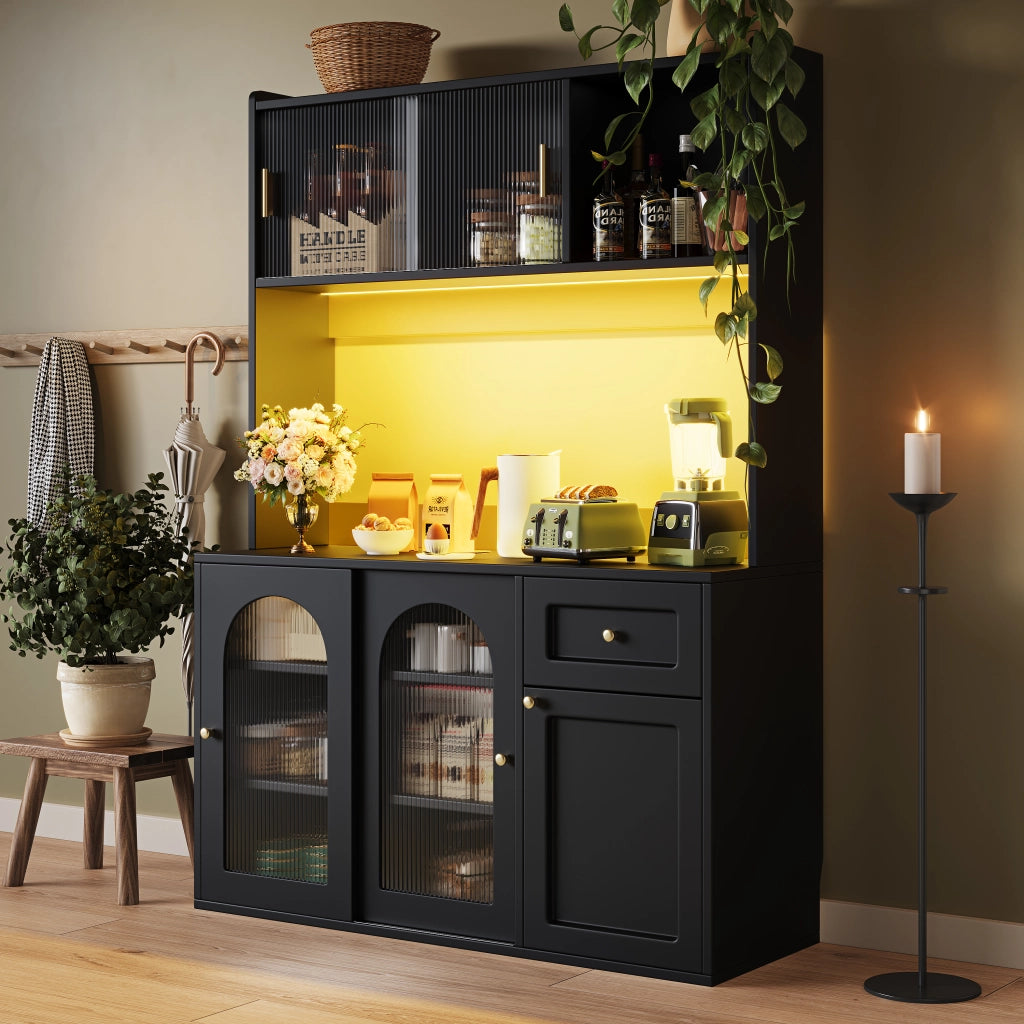 Armadio cucina con LED - Zephmum - Regolabile, vetrinetta, nero