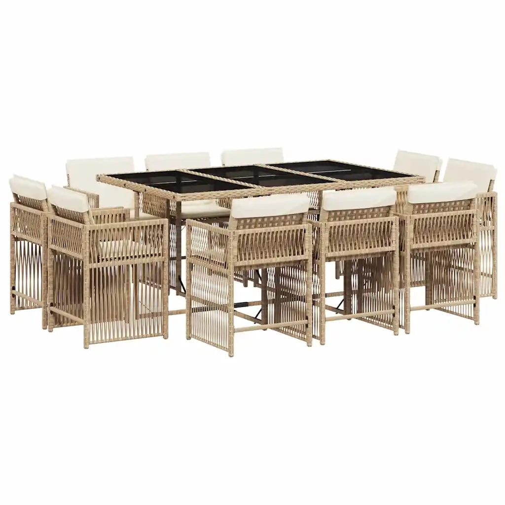 Set da Pranzo da Giardino 11 pz con Cuscini Beige in Polyrattan