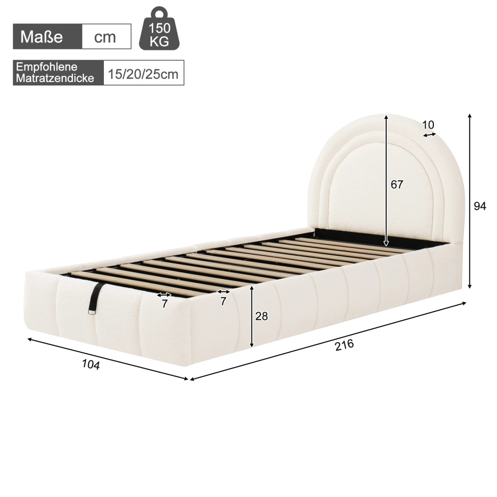 LETTO Contenitore 90x200 cm Bouclé Beige con rete a doghe