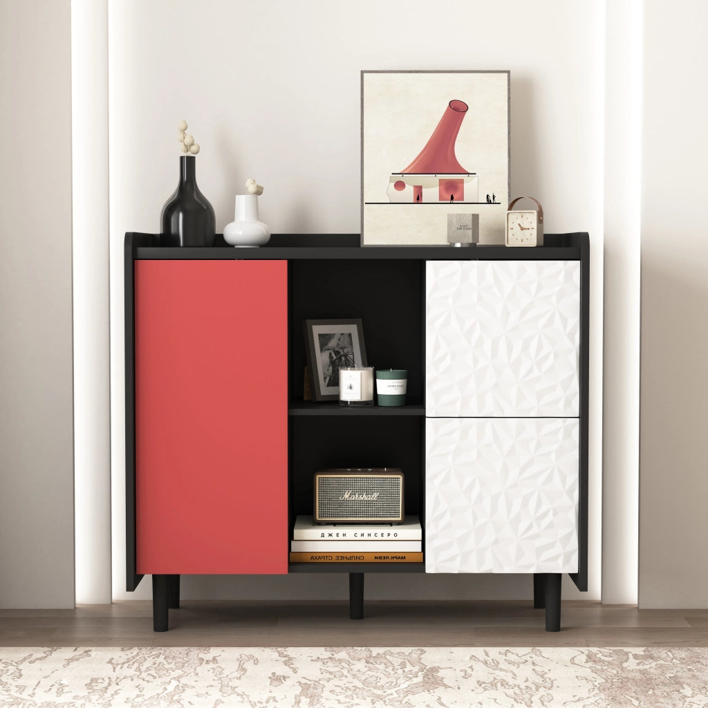 Buffet con ante rosse - Zephmum- 2 cassetti e 2 ripiani aperti
