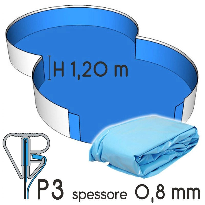 Liner Per Piscina A Forma Di Otto 4,70 X 3,00 H.1,50 M Azzurro - Attacco P1 - Spessore 0,80 Mm Tipo attacco: P3, Colore: Azzurro, Altezza: 1.20 m