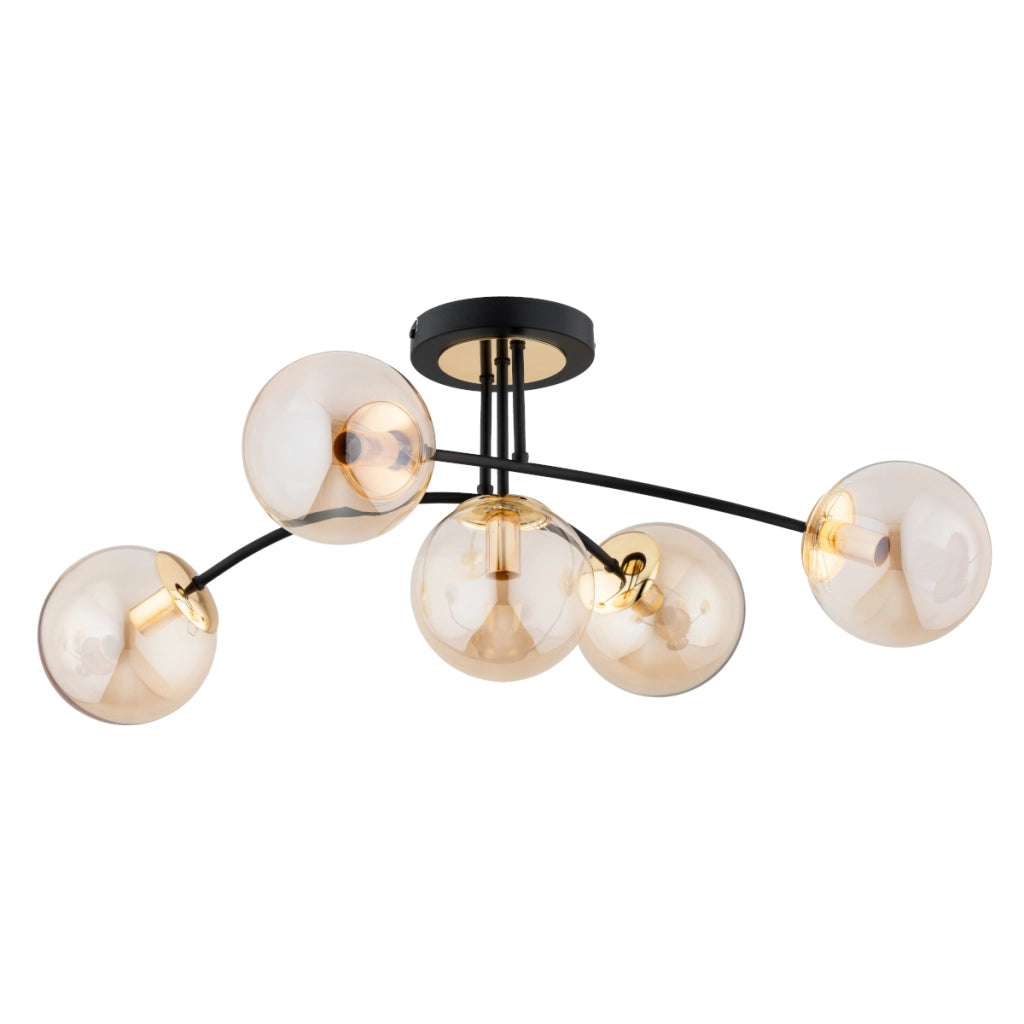Plafoniera Latina glamour nero-oro, 5 sfere ambra E14