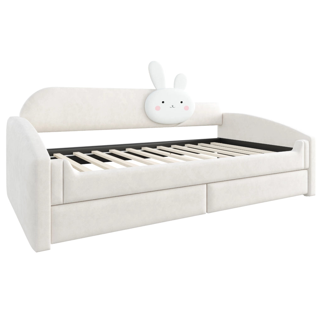 LETTO SOFA 90x200 cm in velluto beige con LED e 2 cassetti