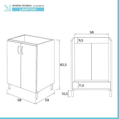 Mobile lavatoio 60x60 cm bianco con vasca asse lavapanni e kit di scarico