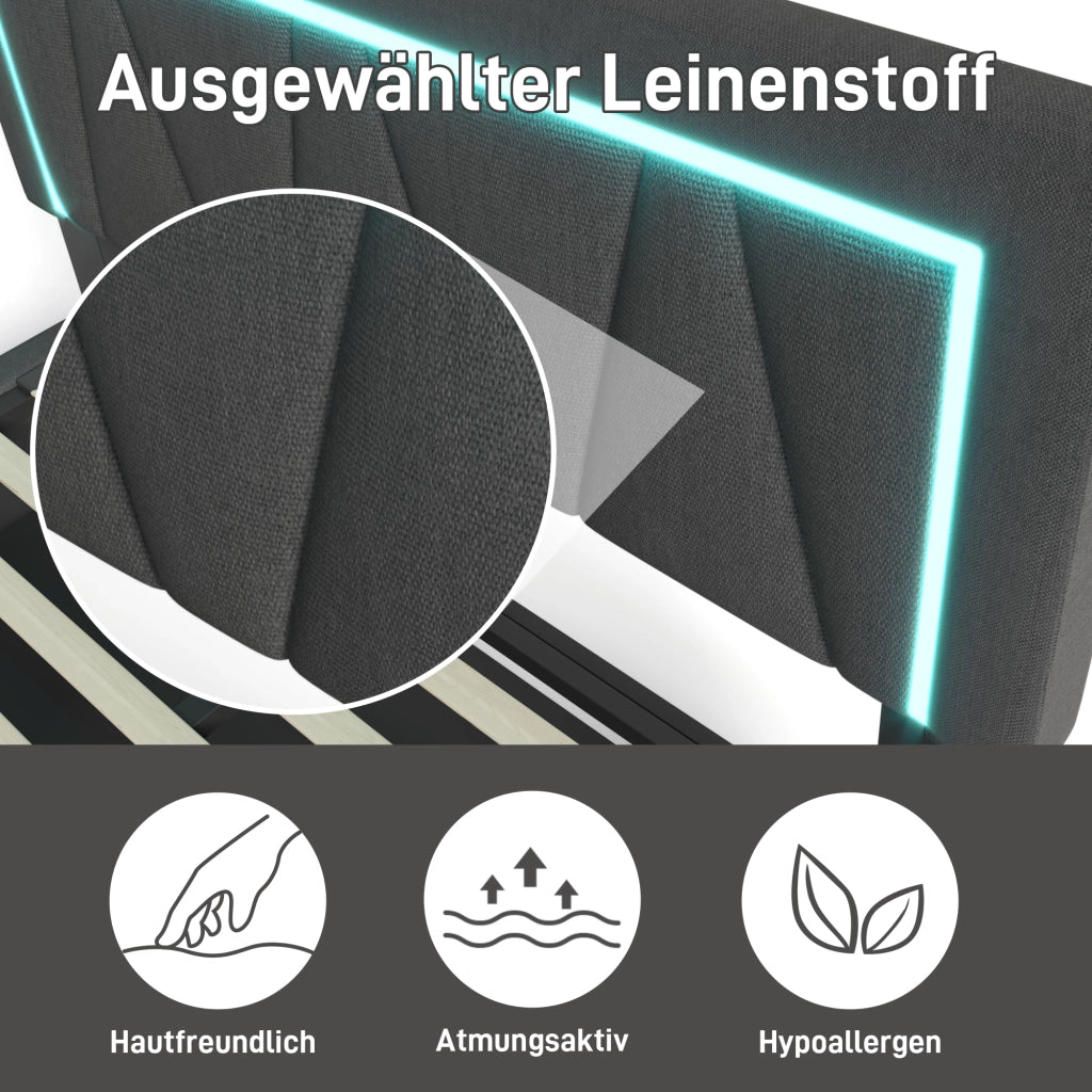 LETTO imbottito 140x200 cm in lino grigio con LED e USB Type-C