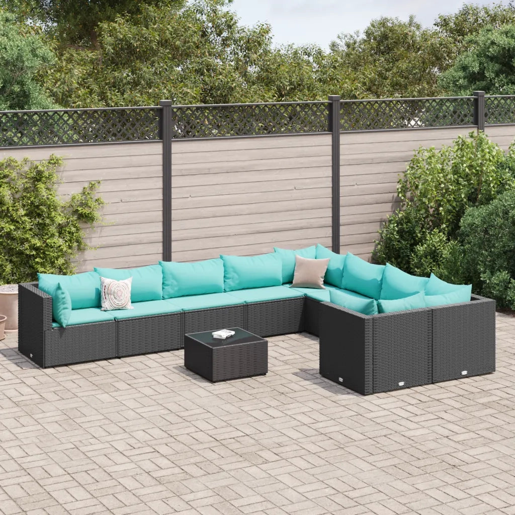 Set Divani da Giardino 10pz con Cuscini in Polyrattan Nero