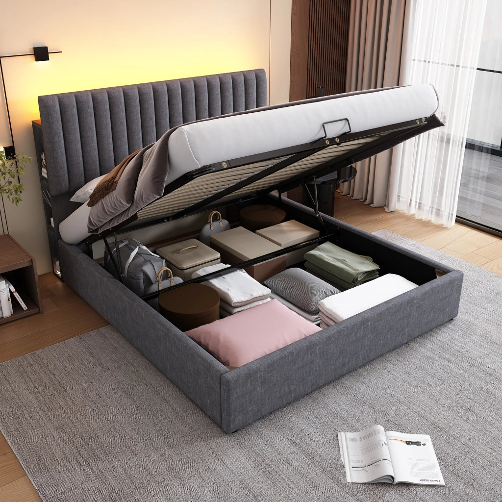 LETTO Contenitore 140x200 cm Grigio in Lino con LED, USB e Type C