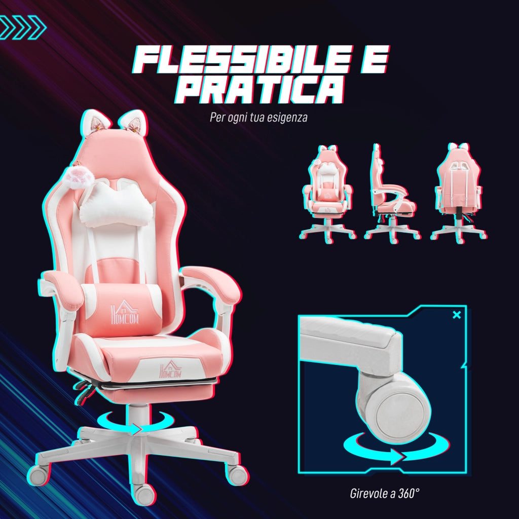 Sedia da Gaming con Orecchie da Gatto e Poggiapiedi ¨C Minimal ¨C Rosa