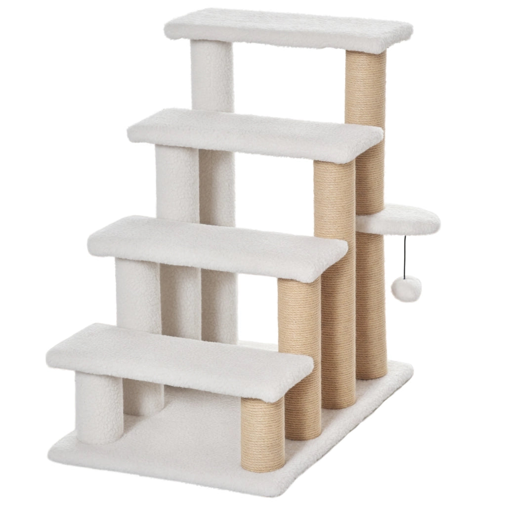 Scala per gatti a 4 piani con pali graffianti e palla ¨C Minimal ¨C 60x40x64 cm bianco
