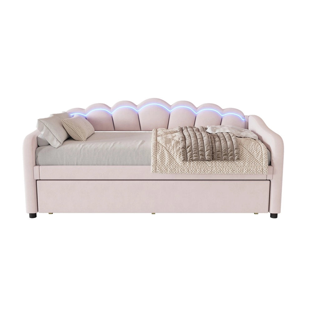 Letto Singolo Imbottito con LED ¨C MINIMAL ¨C Velluto Rosa 90x200