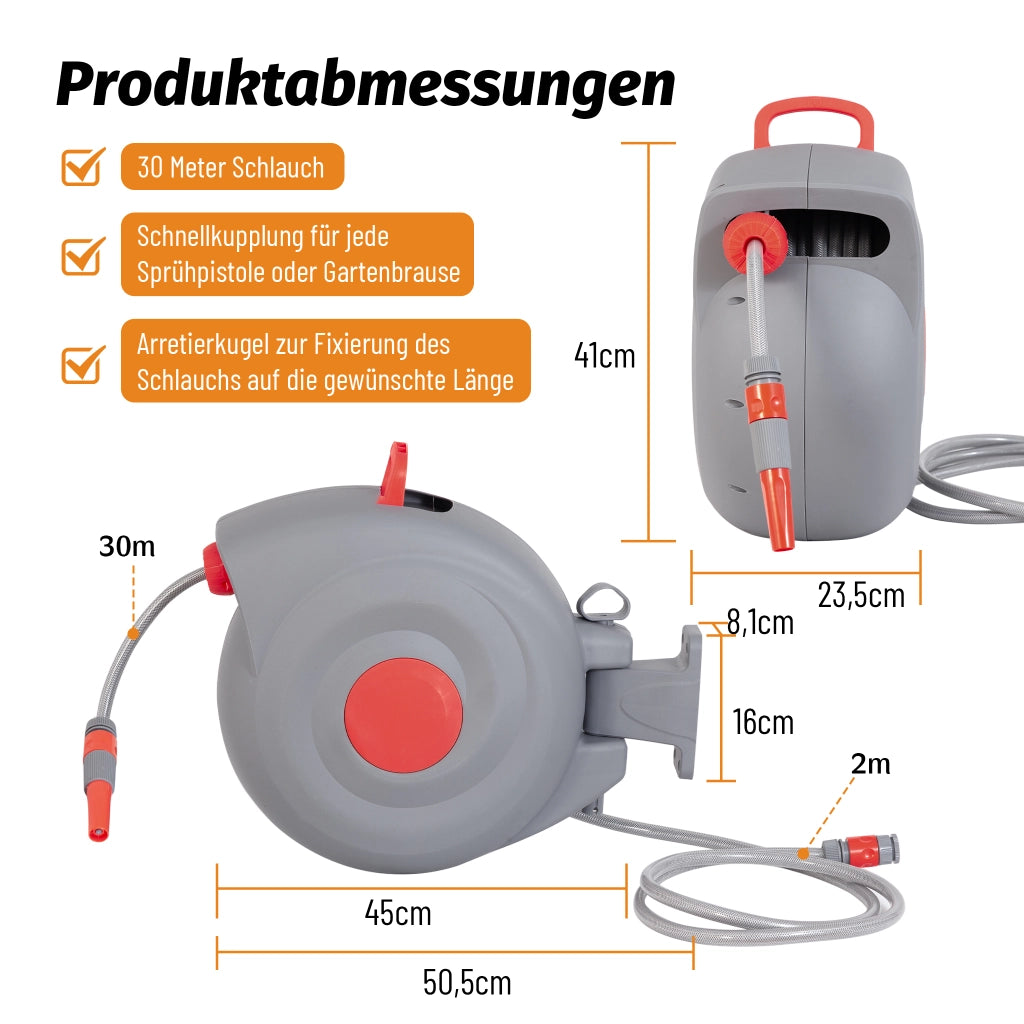 Avvolgitubo da Giardino 30m con Testa Spray 9 Funzioni ¨C MINIMAL ¨C Parete, Antirugine, Resistente UV