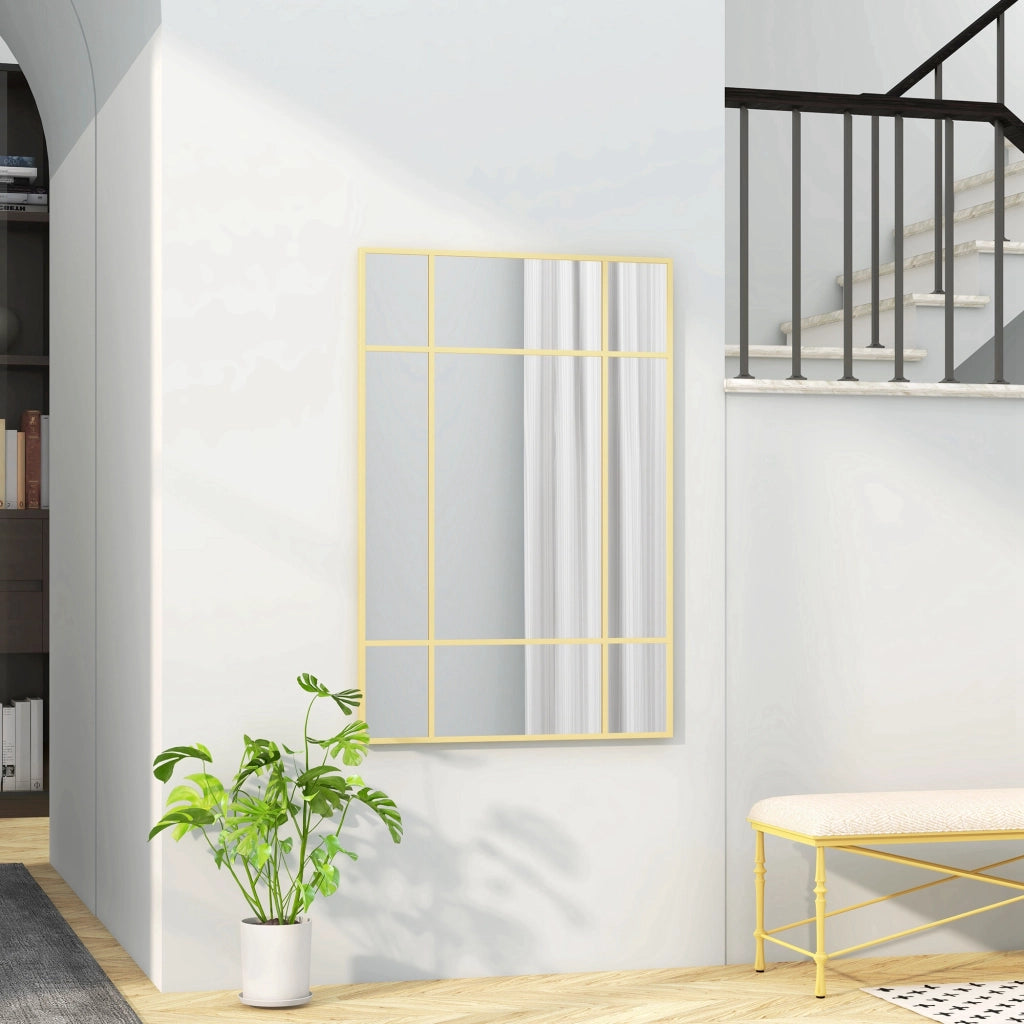 Specchio da Parete Stile Finestra con Montaggio Verticale e Orizzontale, 90x60 cm, Oro