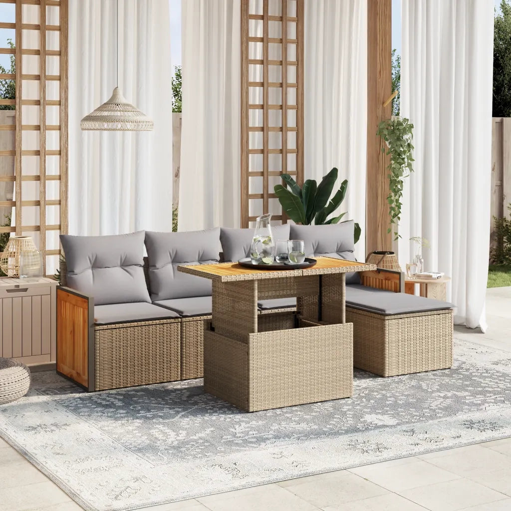 Set Divano da Giardino 6 pz con Cuscini Beige in Polyrattan