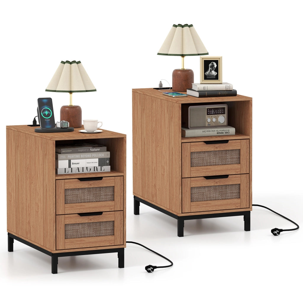 Set di 2 comodini rattan stazione ricarica tavolino letto boho, 2 Comodini ripiano aperto 2 cassetti gambe metallo camera soggiorno ingresso Naturale