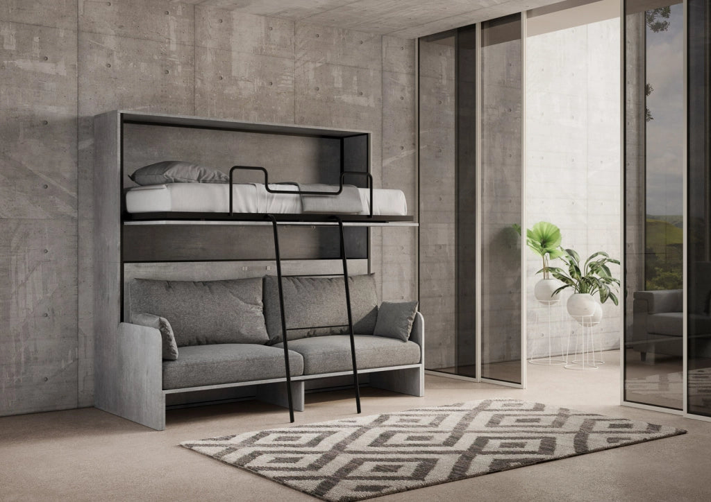 Letto Doppio A Scomparsa Kando Con Divano Con Materassi Cemento e Grigio