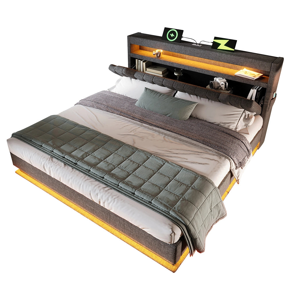 Letto matrimoniale-Xylo-140x200 cm-LED, USB-C, testiera, idraulico, lino, grigio