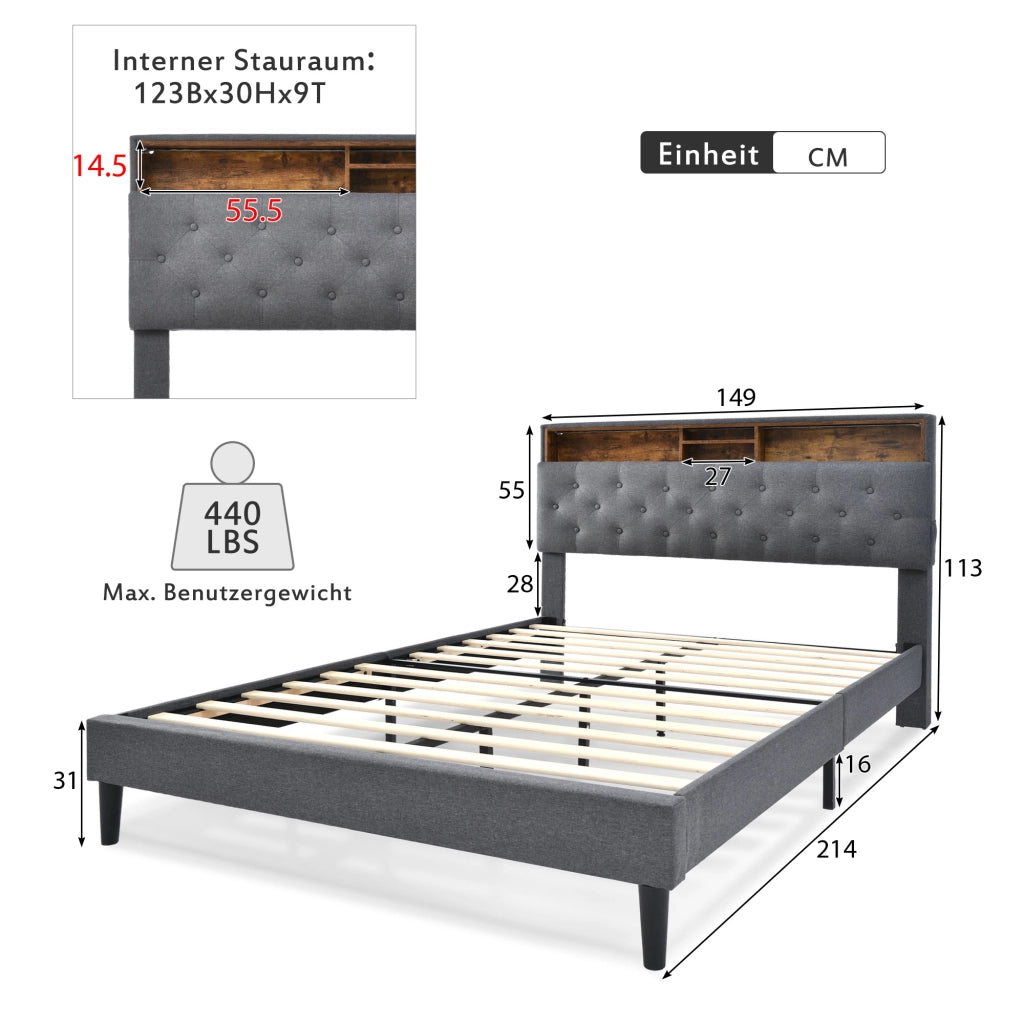 LETTO imbottito 140x200 cm grigio con testiera contenitore e LED