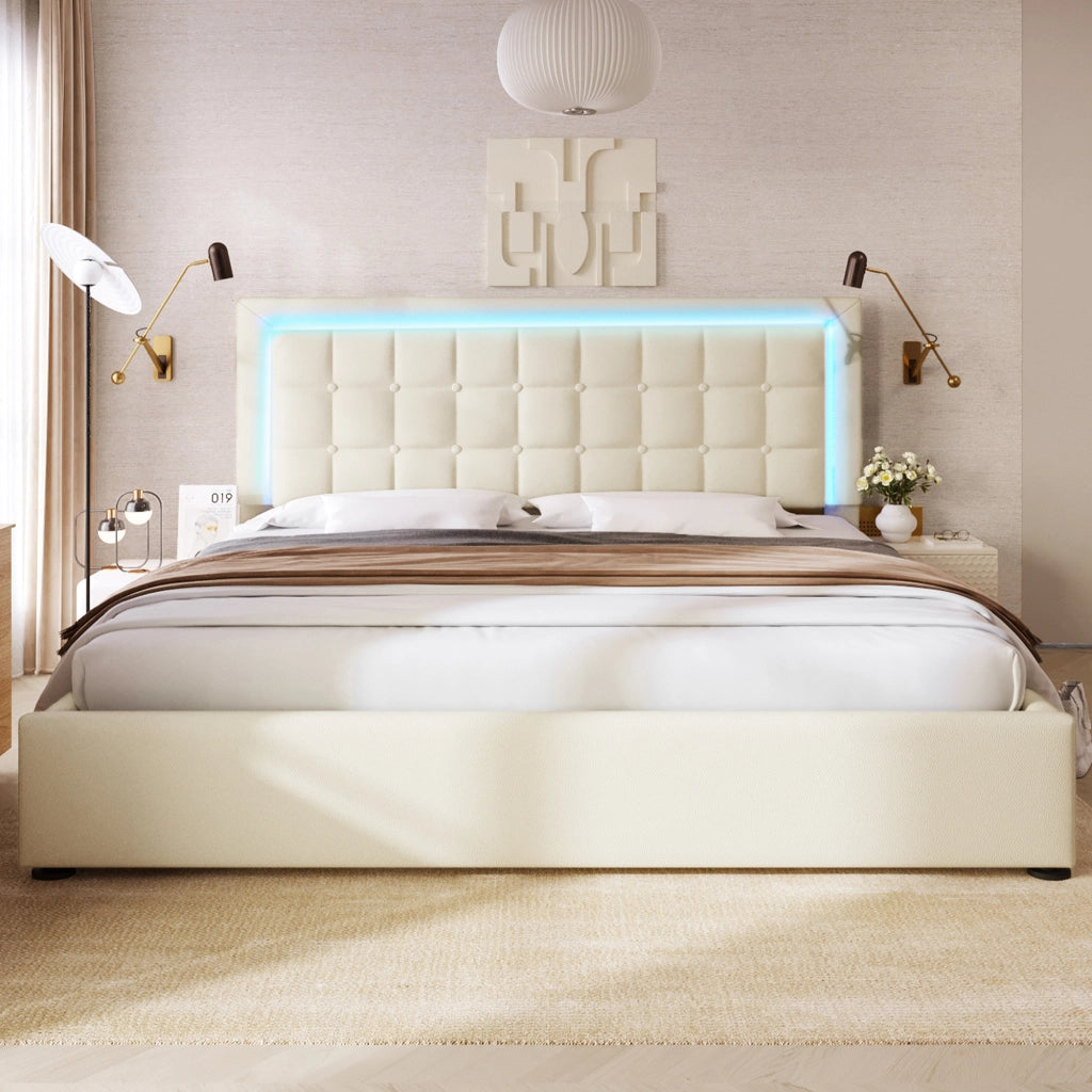 LETTO Contenitore 140x200 cm con LED, PU Bianco