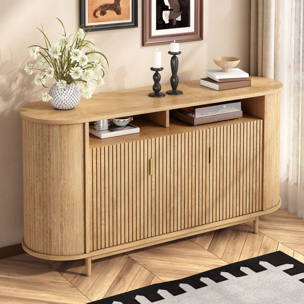 Credenza con 3 ante e frontale a linee verticali in MDF e pannello truciolare naturale 140 × 40 × 78 cm
