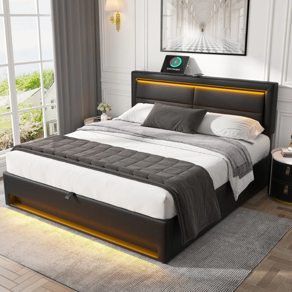 Letto Imbottito con LED e Contenitore ¨C MINIMAL ¨C 140x200, USB, Similpelle Nera