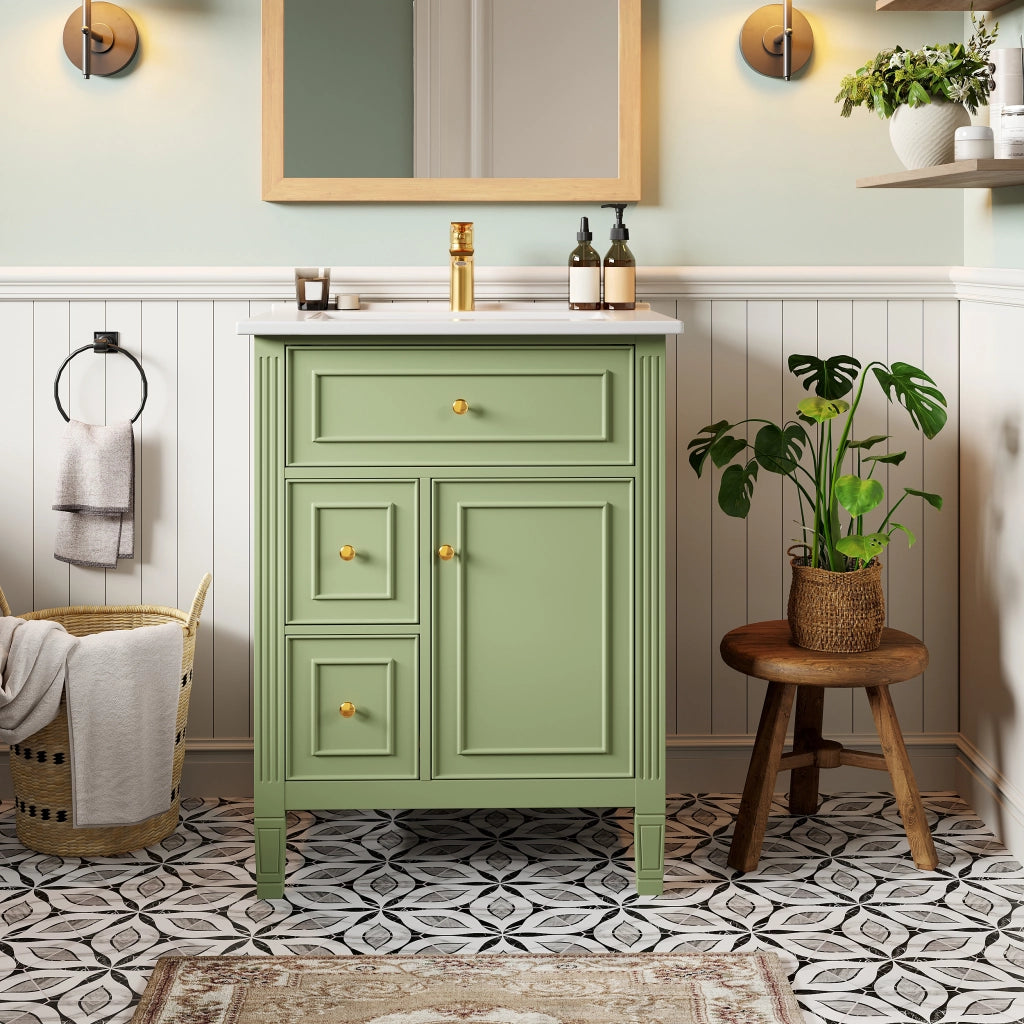 Mobile Bagno 61x47x86 cm Verde Lucido con Lavabo Ceramico, 3 Cassetti, Anta Soft-Close, Senza Rubinetto