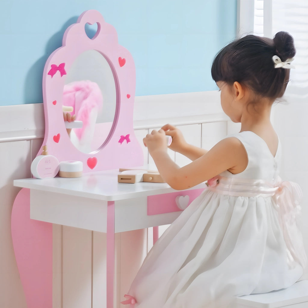 Tocador per bambini con specchio e sgabello ¨C zephmum ¨C rosa 50x36,5x89,5cm