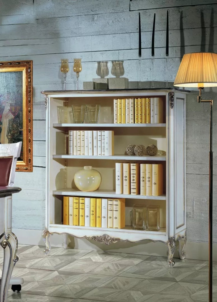Libreria classica legno shabby bianco argento 130x50x150 - Mobili 2G