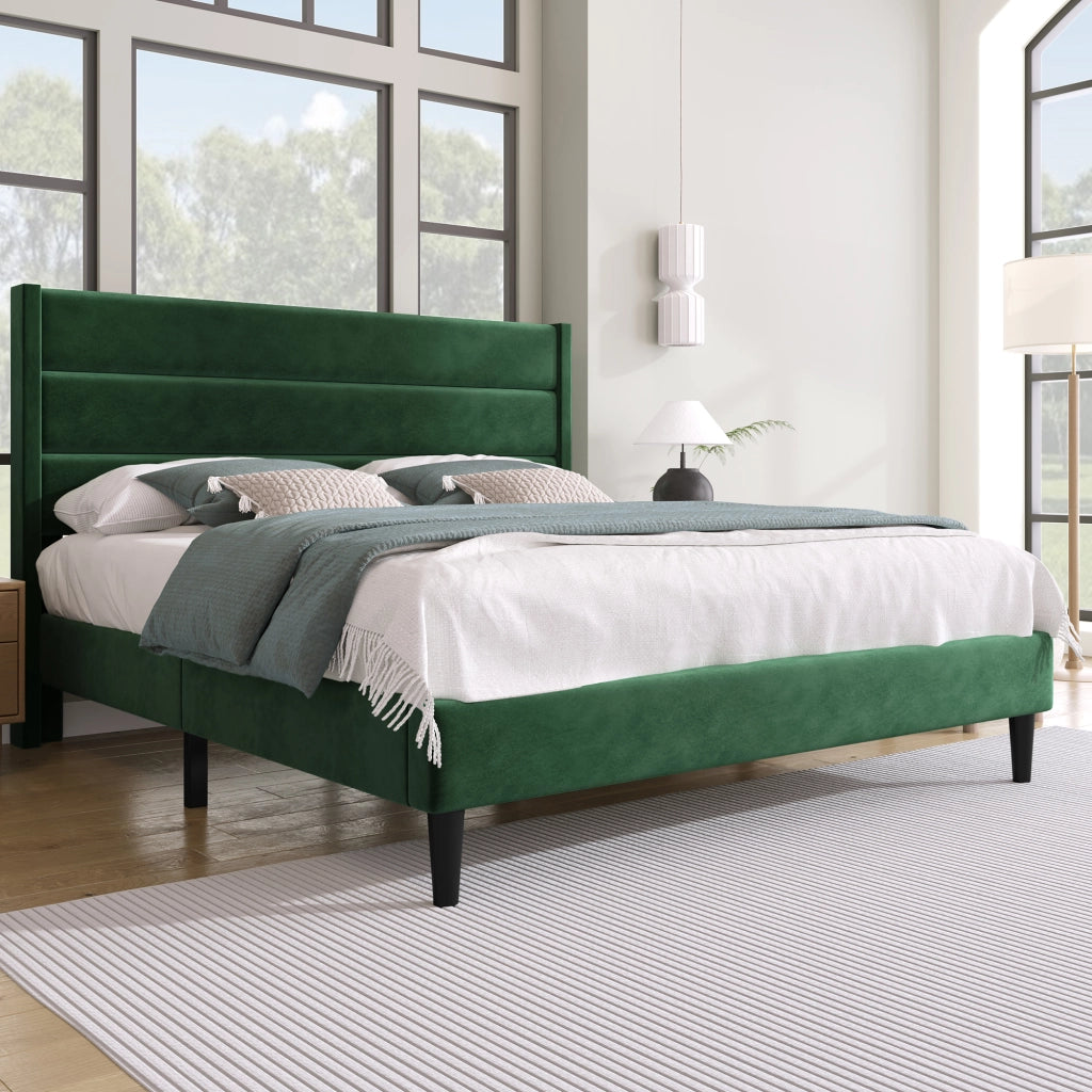 LETTO imbottito 140x200 cm in velluto verde con materasso incluso e rete a doghe