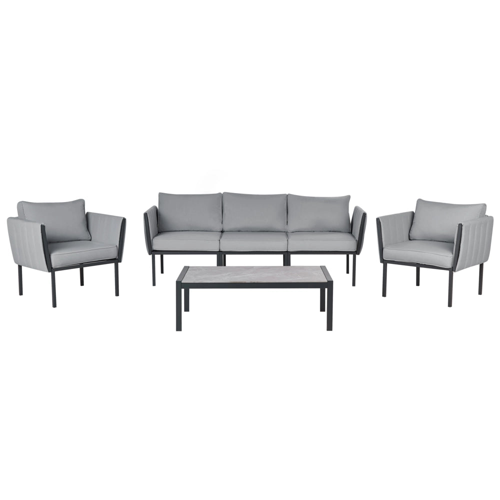 Set da giardino 5 posti con divano 2 poltrone grigio scuro in acciaio con Cuscini