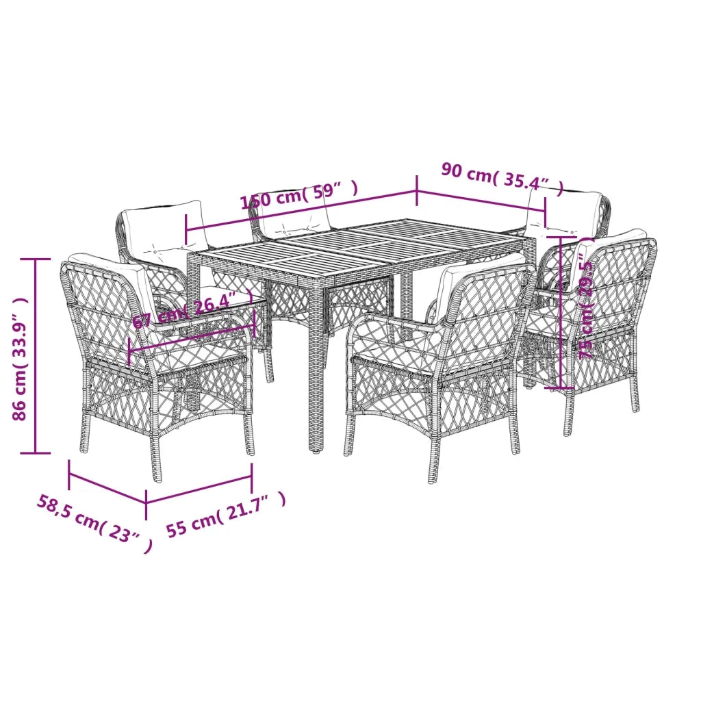 Set da Pranzo da Giardino 7 pz con Cuscini in Polyrattan Grigio