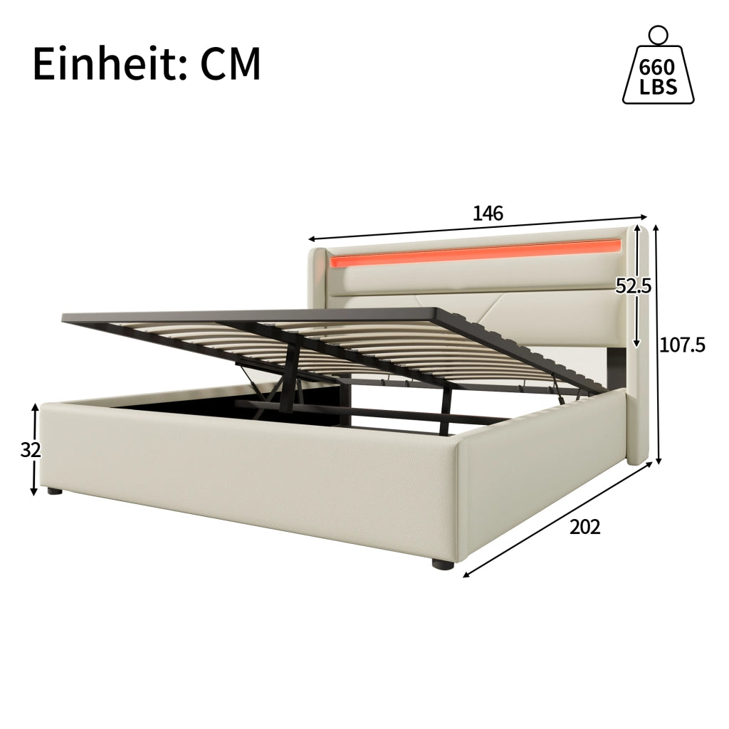 DESMIU Letto contenitore 140 × 200 cm 2 posti con LED, vano idraulico, senza materasso, in PU, bianco