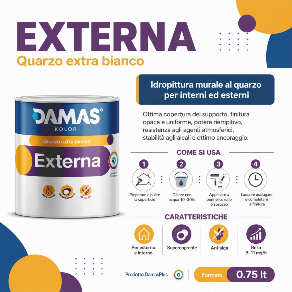 Damas idropittura al quarzo bianca per esterni externa *** formato 0,750 lt, confezione 1