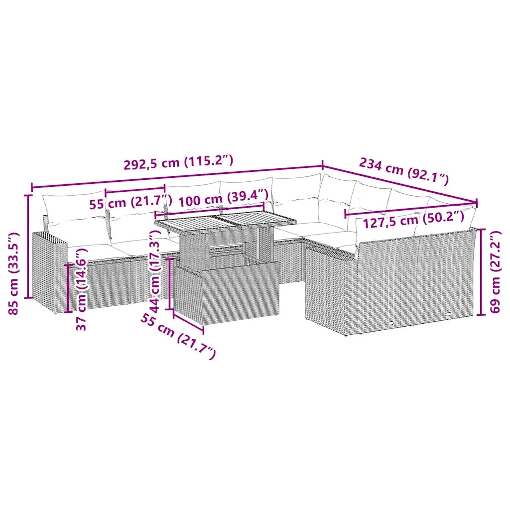 Set Divano da Giardino 10 pz con Cuscini Beige in Polyrattan 3271471