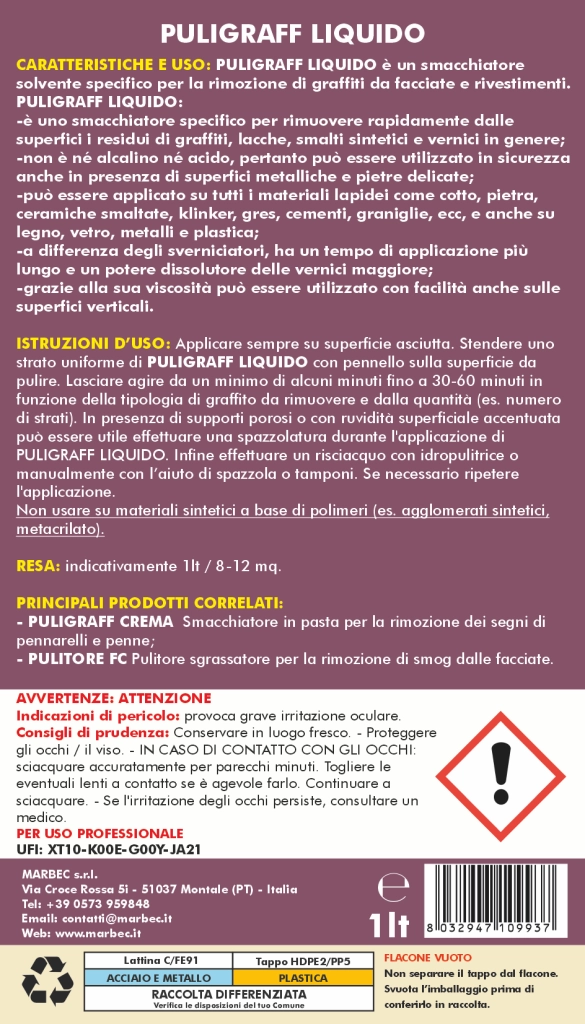 Smacchiatore per rimuovere graffiti PULIGRAFF LIQUIDO   1LT + Tampone Marrone