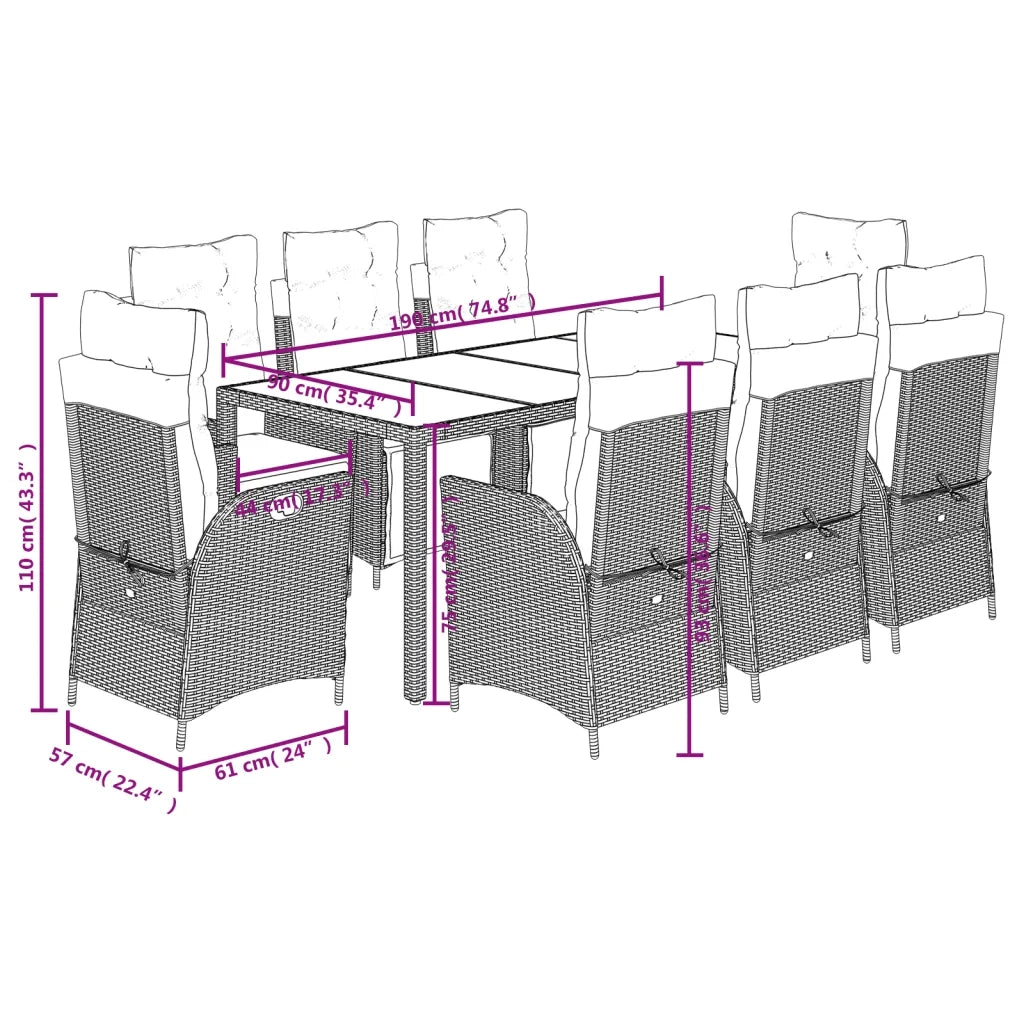Set da Pranzo da Giardino 9 pz con Cuscini Nero in Polyrattan 3213065