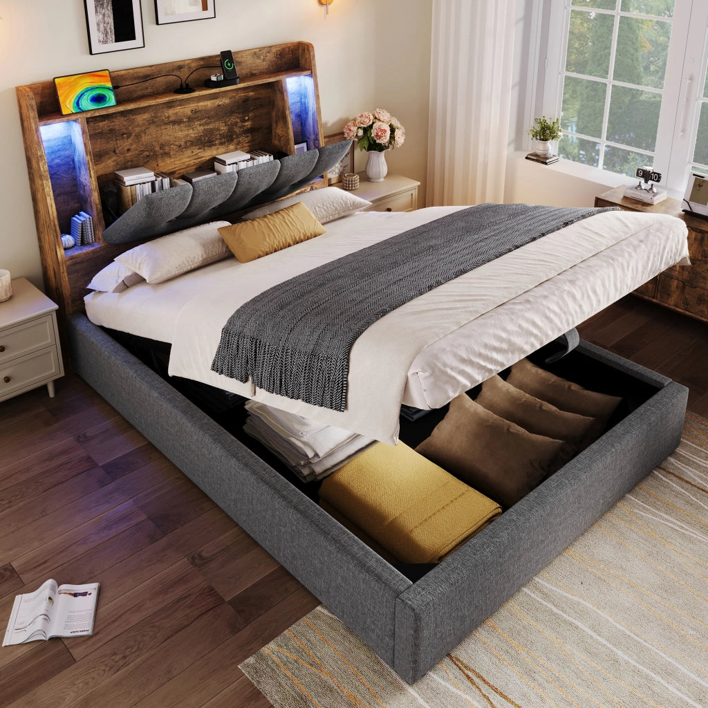 LETTO Imbottito 90x200 cm Grigio in lino e MDF con USB Type-C, LED e vani