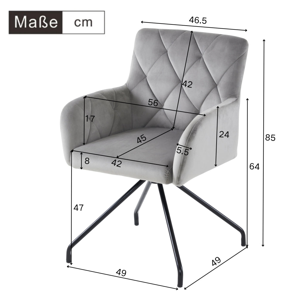Sedia da Pranzo Set da 2 con Schienale Ergonomico e Braccioli, in Velluto Grigio Chiaro