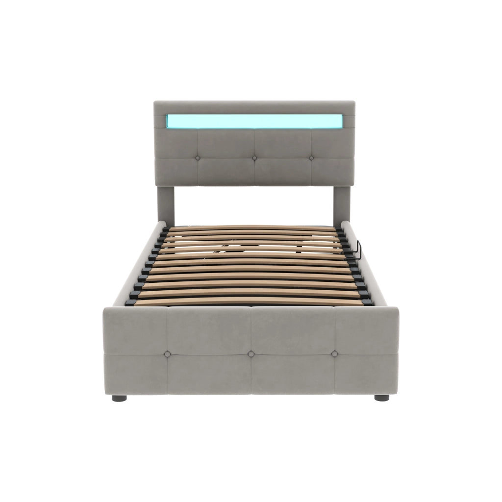 LETTO per bambini 90x200 cm con LED, contenitore, velluto grigio