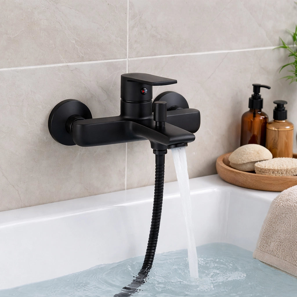Rubinetto Miscelatore Vasca Bagno Nero Opaco da Parete + Deviatore Doccia 94009