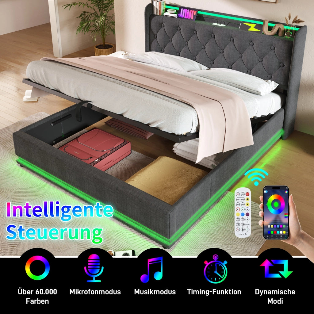 LETTO Contenitore 160x200 cm Grigio in lino con LED e USB Tipo-C