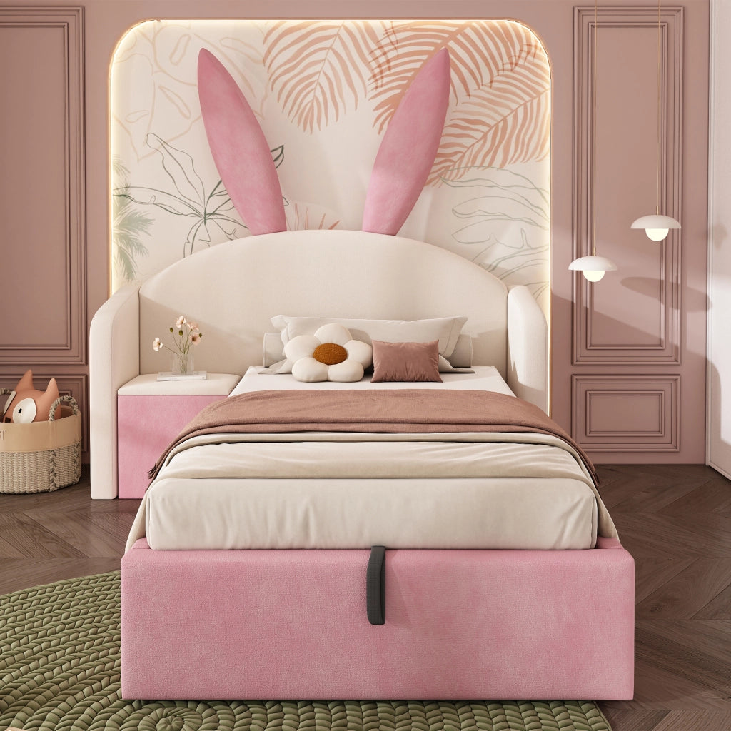 LETTO 90x200 cm in velluto beige e rosa con comodino laterale