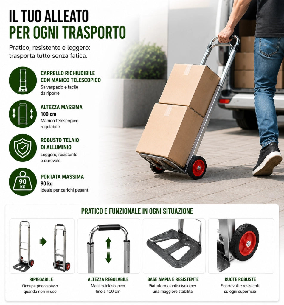 CARRELLO PORTACASSE PORTATUTTO 2 RUOTE ALL TELESCOPICO 90 KG